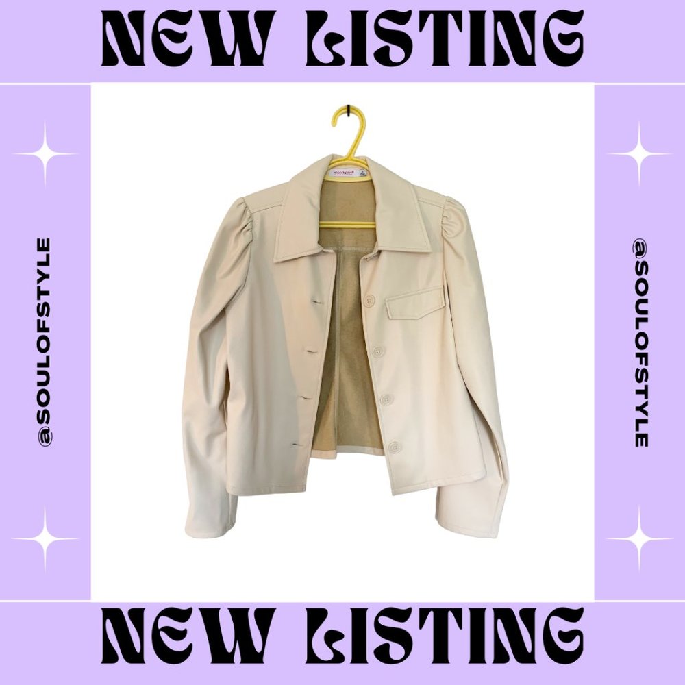 Puff Sleeve Belted Faux Leather Jacket - cream, small